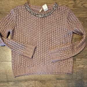 Willow & Clay Mauve Sweater Beaded Collar Small Cable Knit Layered Woman